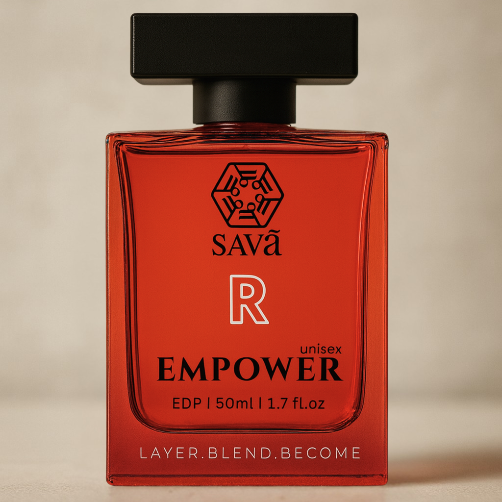 Red perfume bottle labeled 'EMPOWER' by SAVA