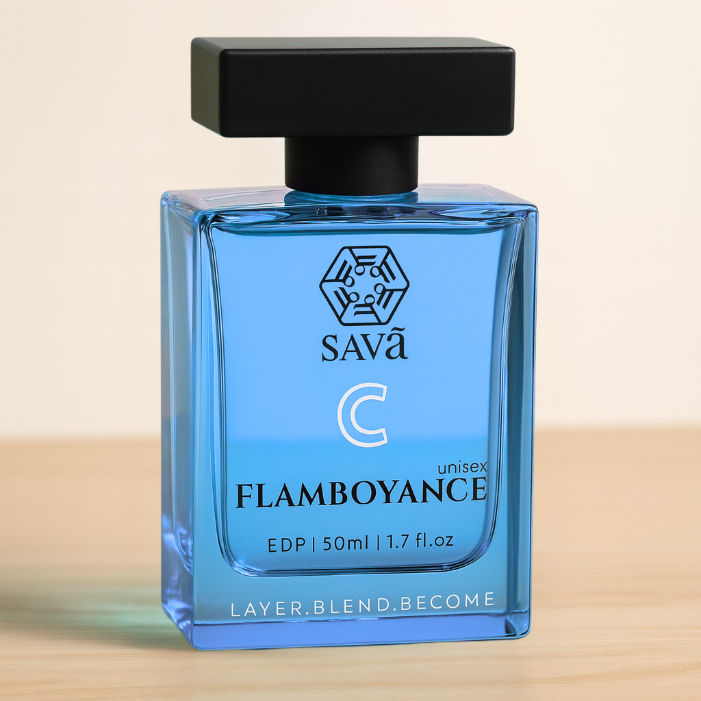 Cyan perfume bottle labeled 'FALMBOYANCE' by SAVA