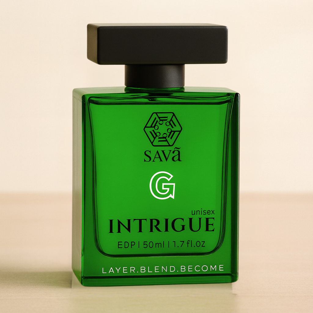 Green perfume bottle labeled 'INTRIGUE' by SAVA