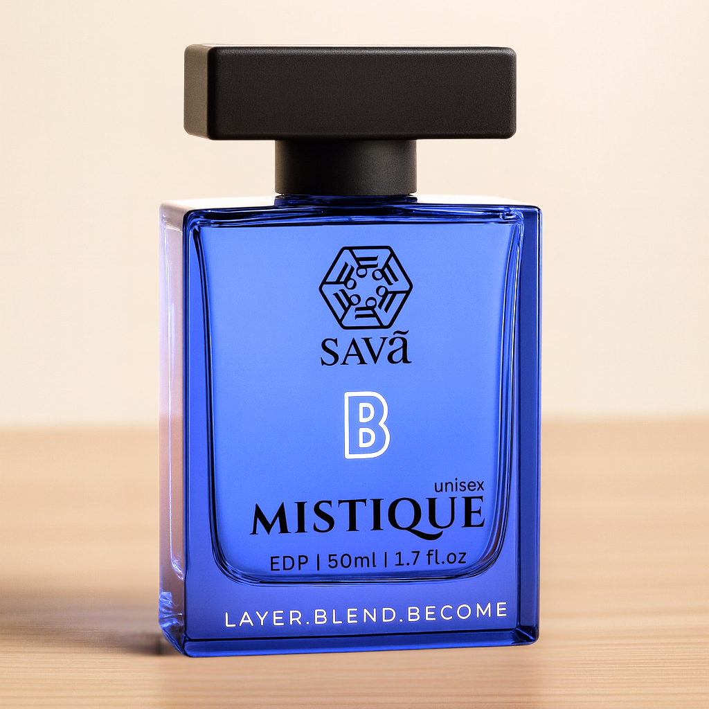 Blue perfume bottle labeled 'MISTIQUE' by SAVA