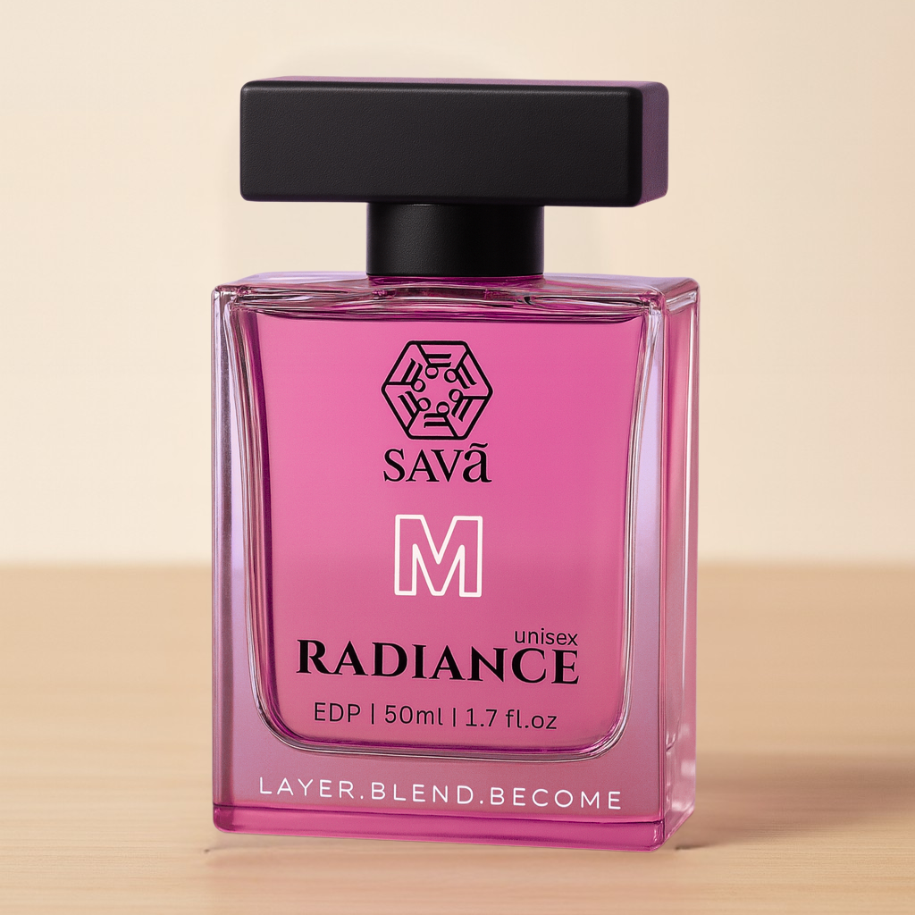 Magenta perfume bottle labeled 'RADIANCE' by SAVA