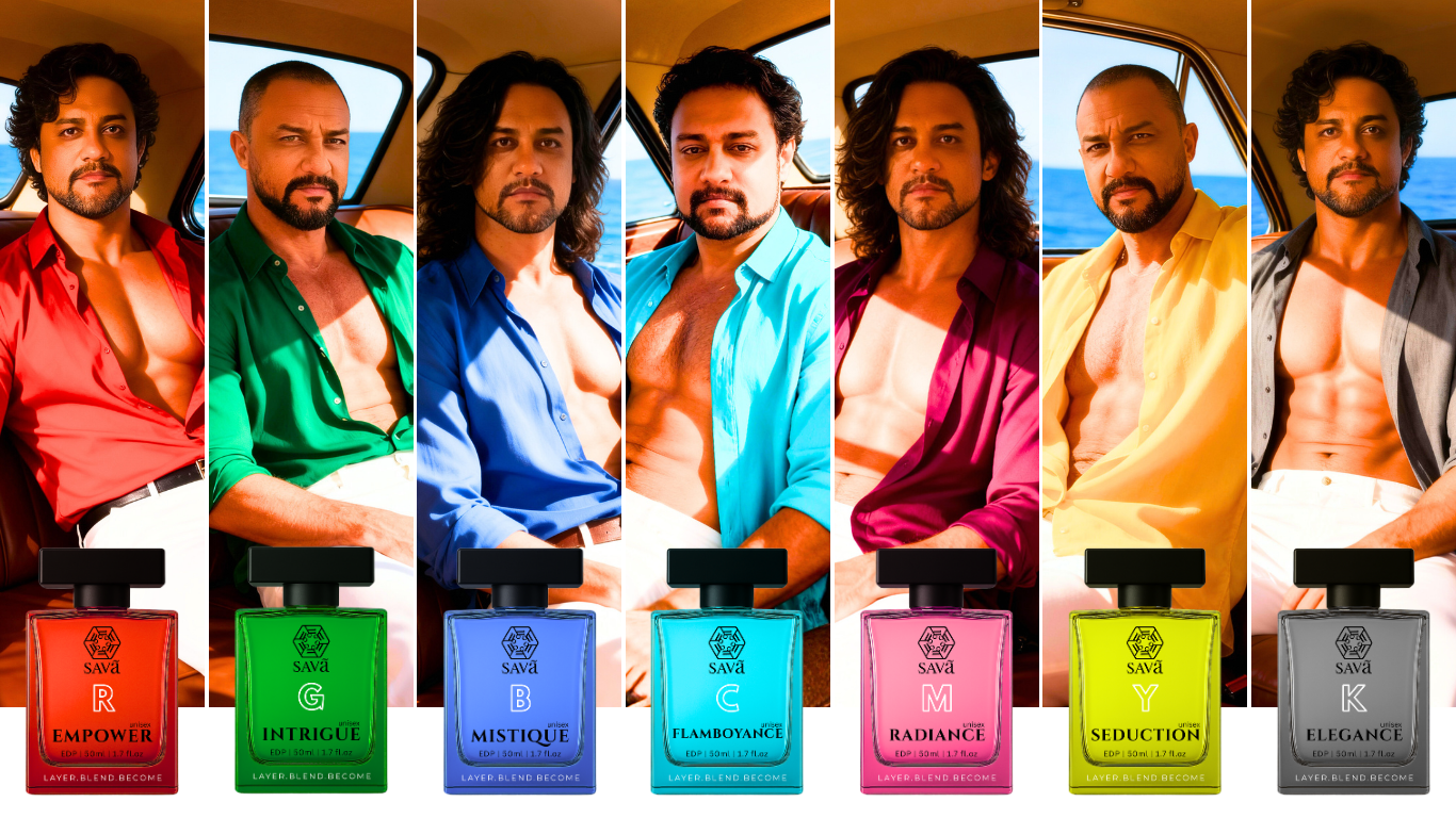 Collage of a man in various poses with different colored shirts and corresponding SAVAA perfume bottles